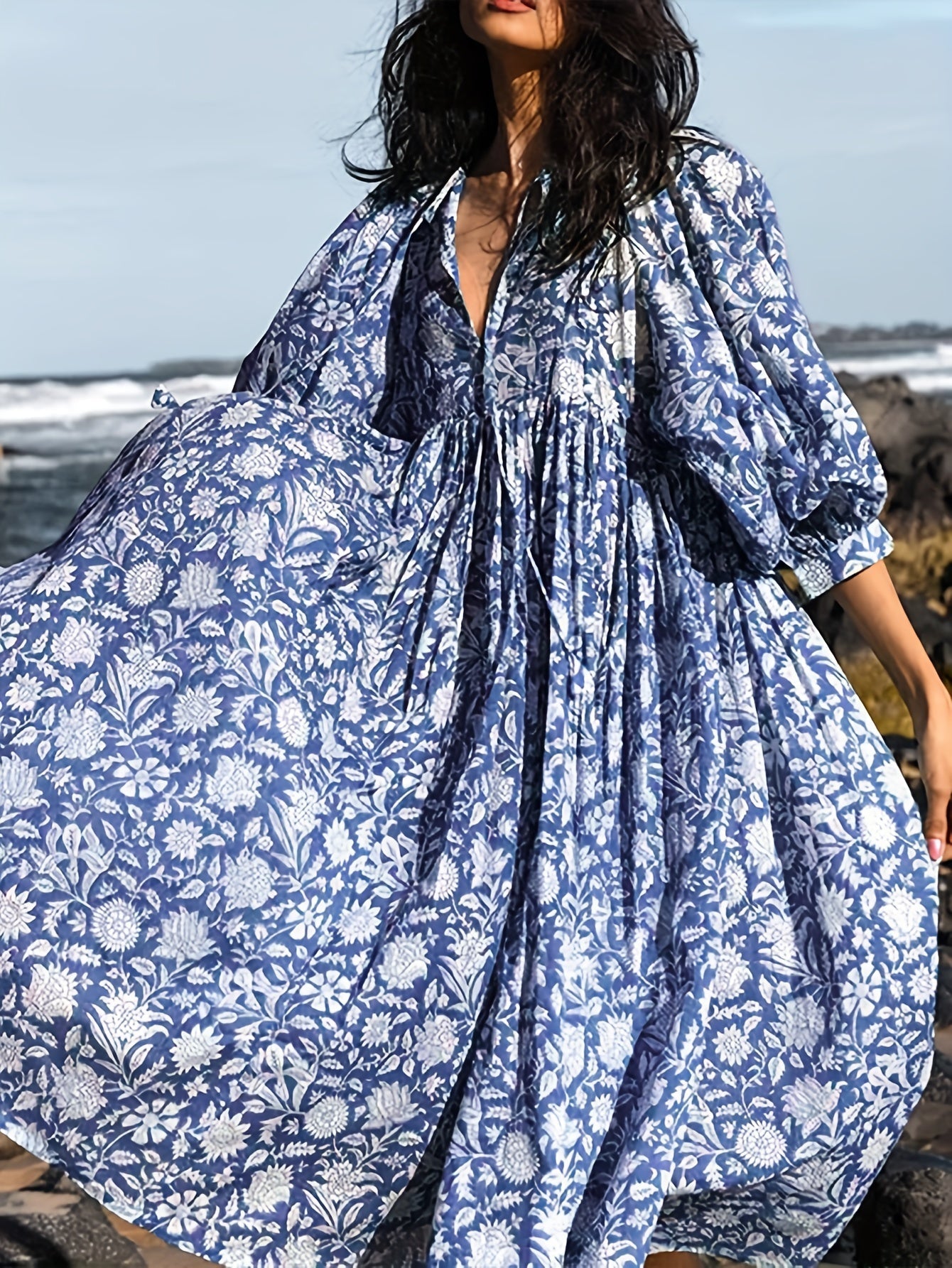 Élise robe midi fleurie à manches bouffantes