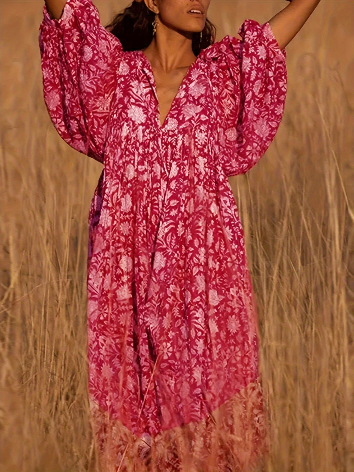 Élise robe midi fleurie à manches bouffantes
