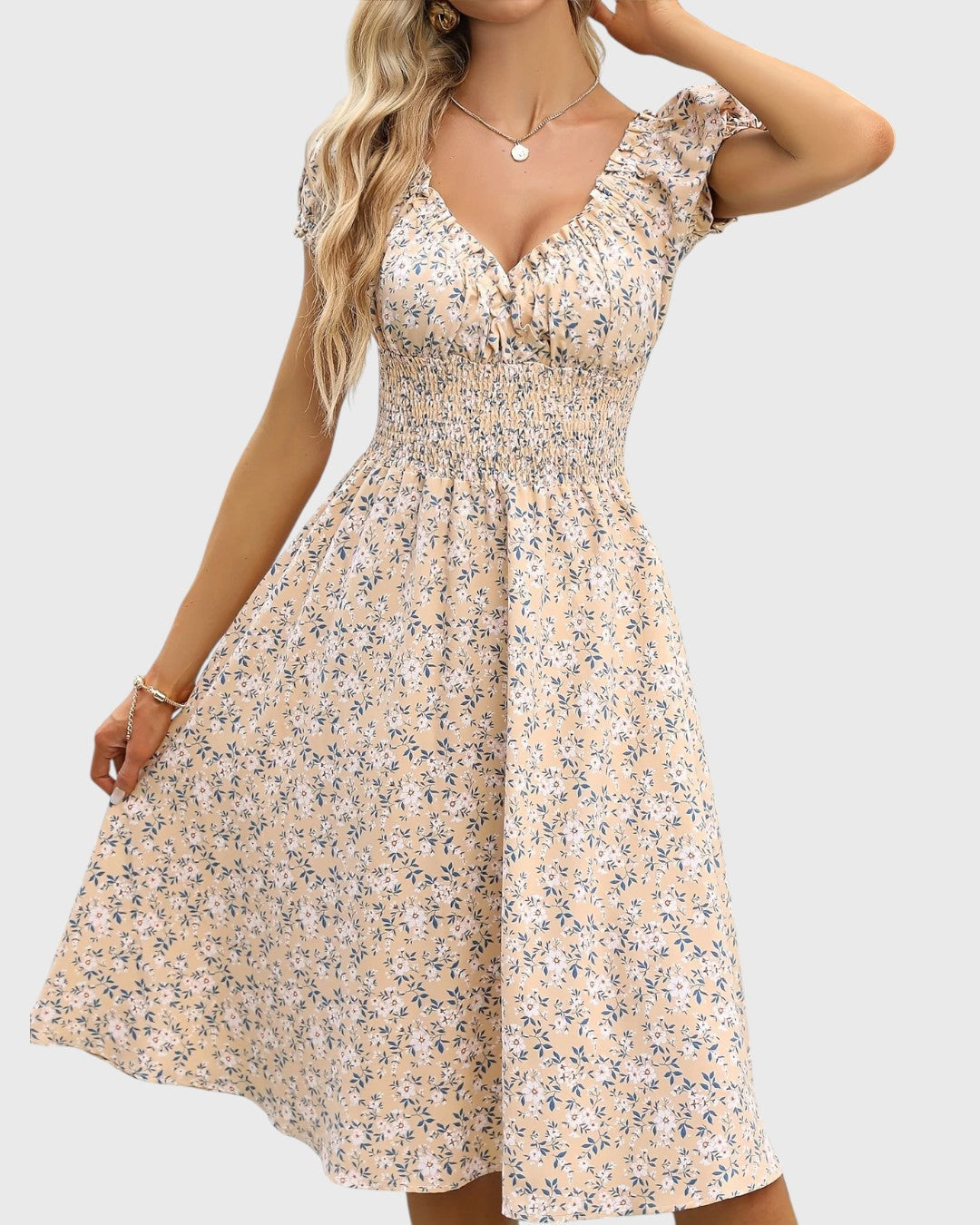 Aurore robe midi fleurie à manches bouffantes et décolleté en V