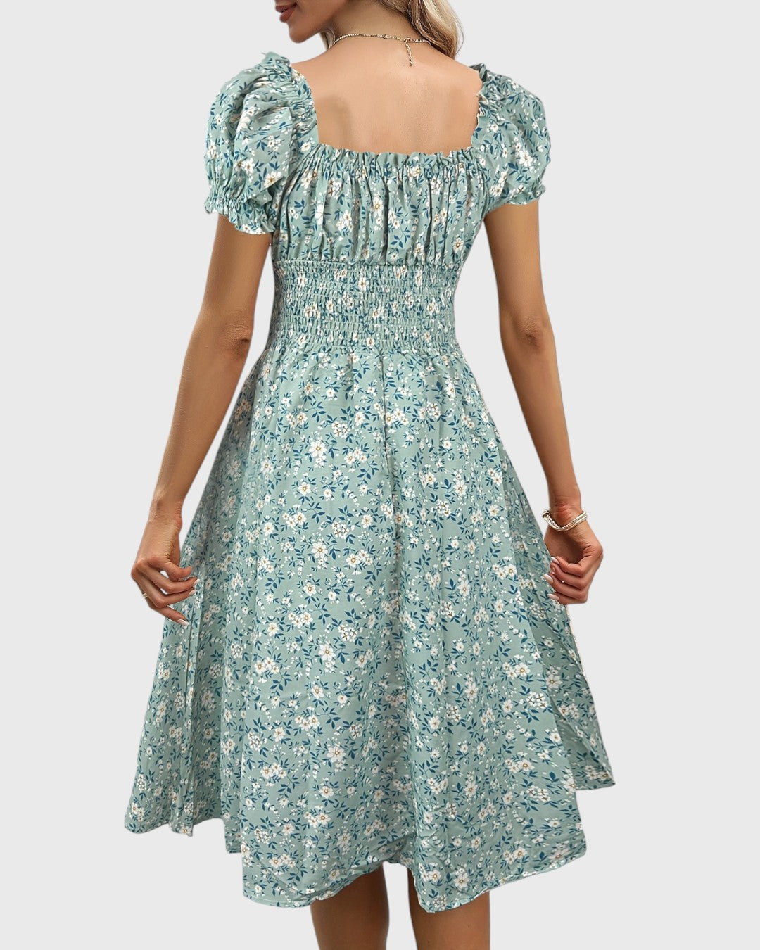 Aurore robe midi fleurie à manches bouffantes et décolleté en V
