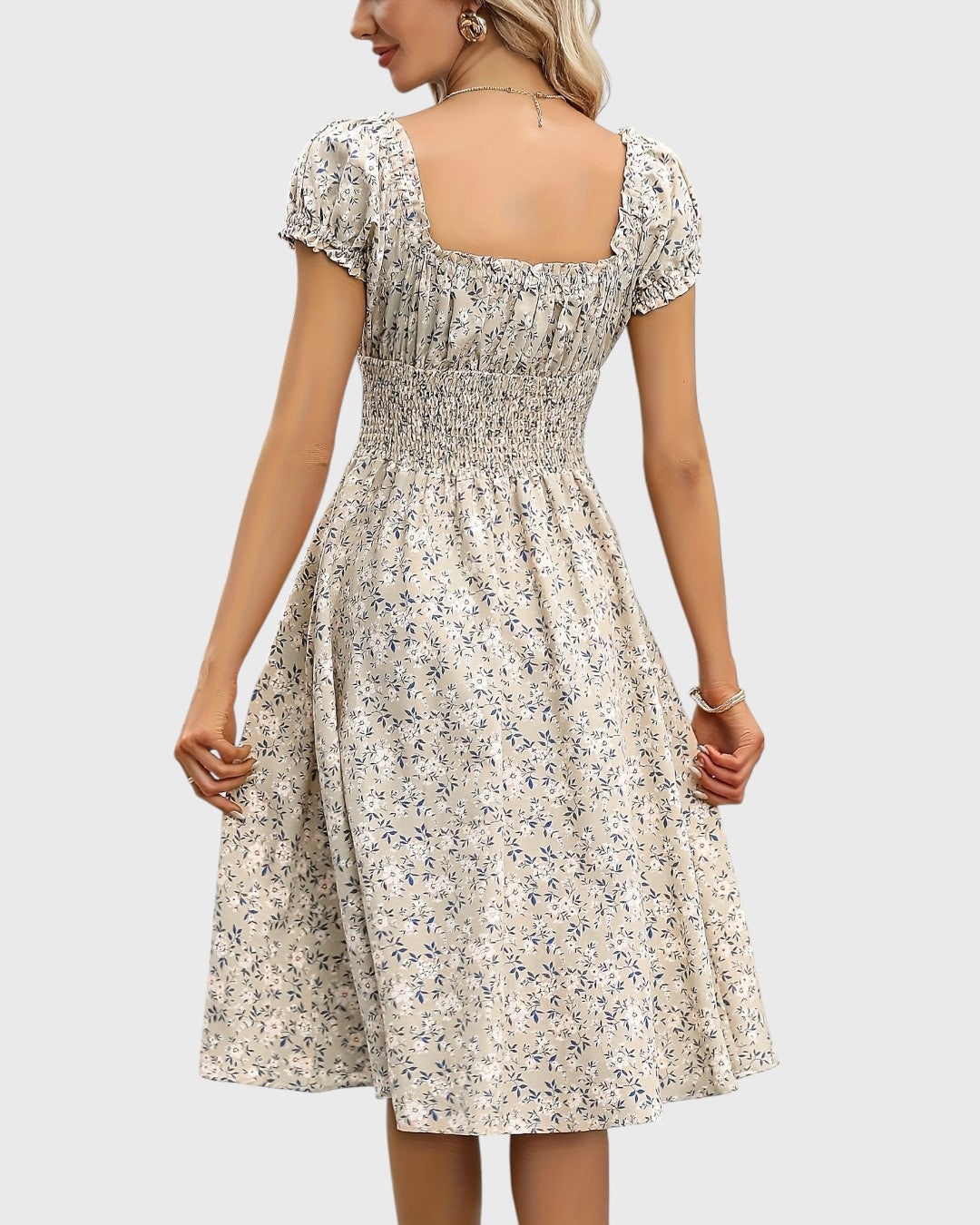 Aurore robe midi fleurie à manches bouffantes et décolleté en V