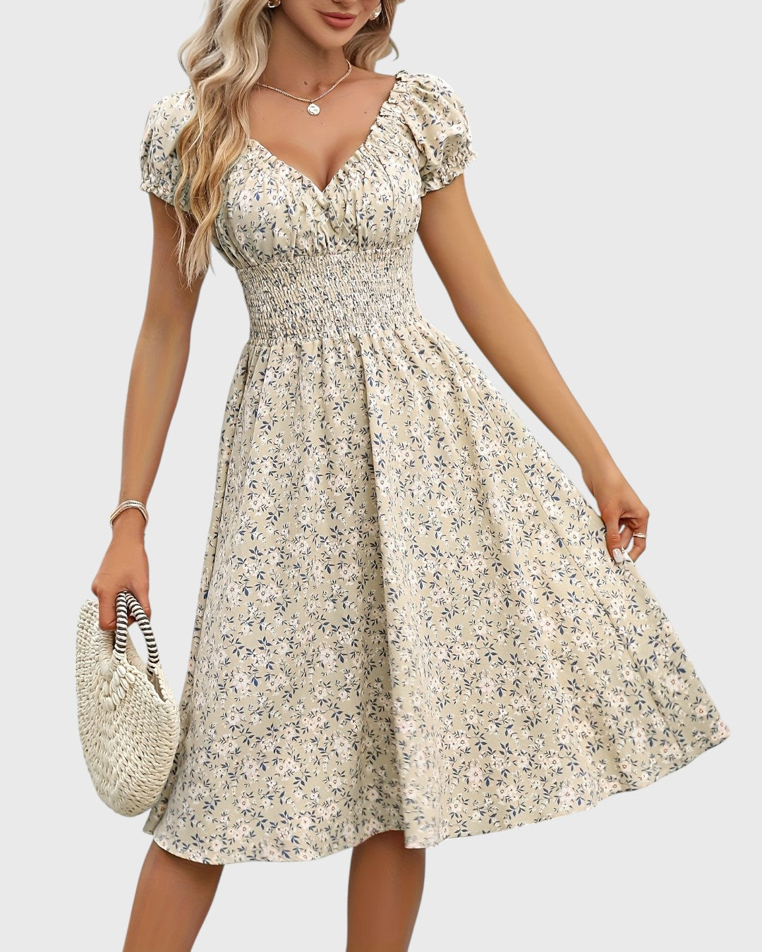 Aurore robe midi fleurie à manches bouffantes et décolleté en V