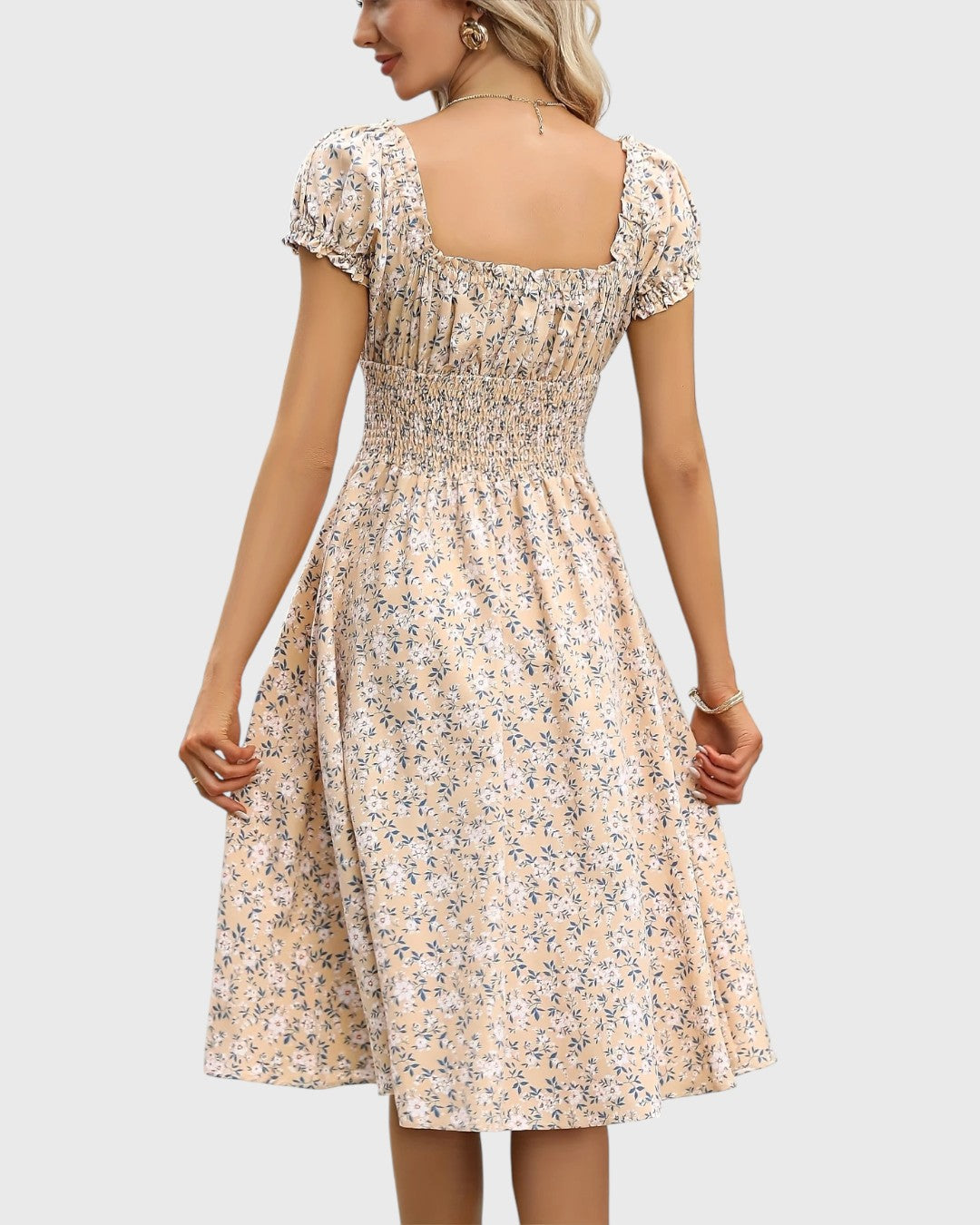 Aurore robe midi fleurie à manches bouffantes et décolleté en V