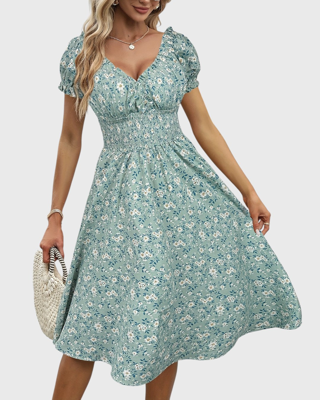 Aurore robe midi fleurie à manches bouffantes et décolleté en V