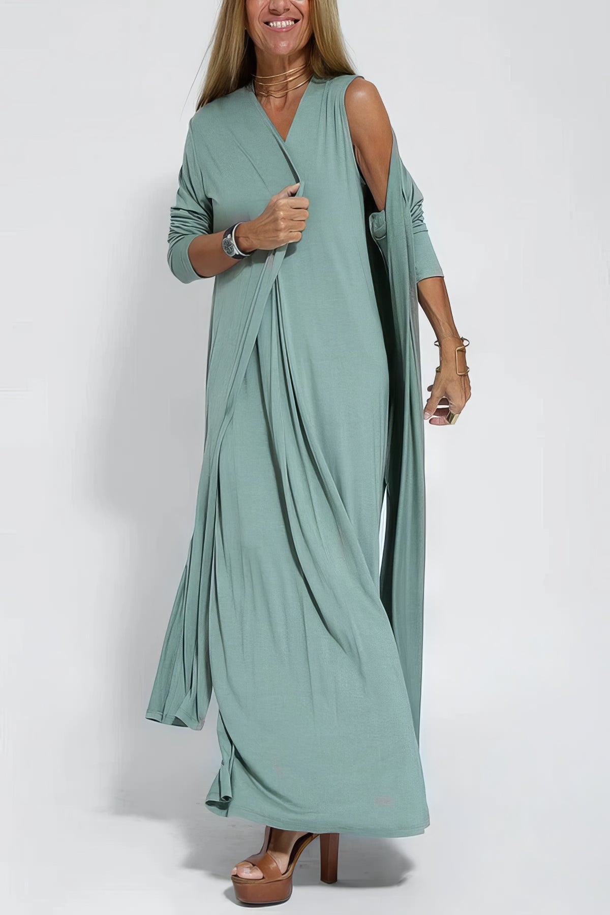 Robe longue élégante + cardigan assorti OFFERT