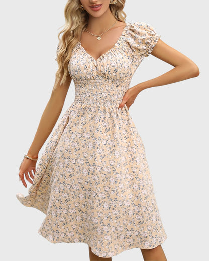 Aurore robe midi fleurie à manches bouffantes et décolleté en V