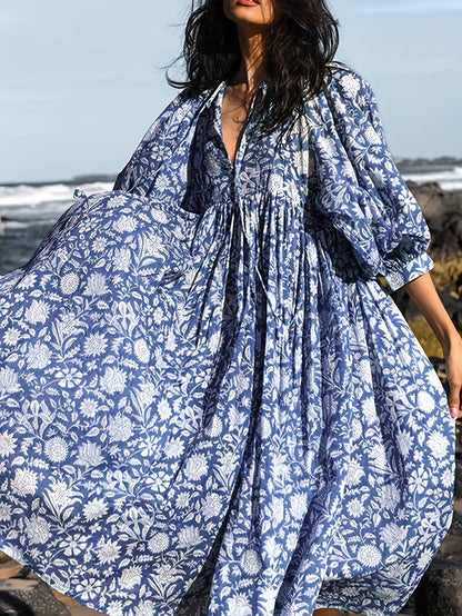 Élise robe midi fleurie à manches bouffantes