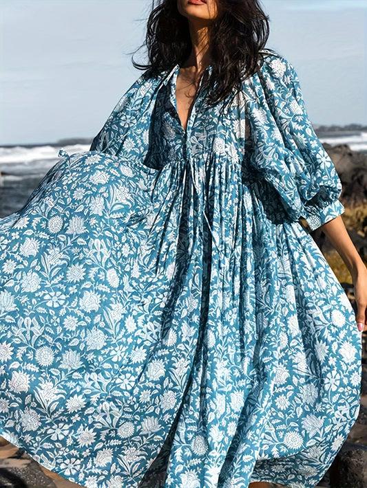 Élise robe midi fleurie à manches bouffantes