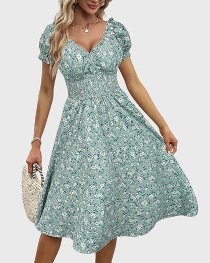 Aurore robe midi fleurie à manches bouffantes et décolleté en V