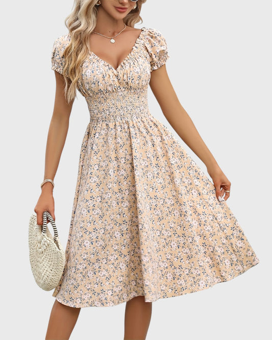 Aurore robe midi fleurie à manches bouffantes et décolleté en V